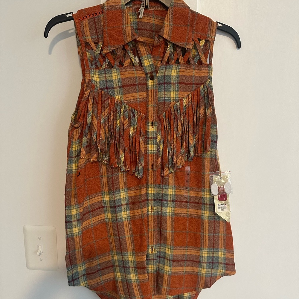 BKE Orange Plaid Fringe Blouse